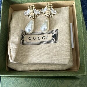 Women Gold and Pearl Bee Earrings